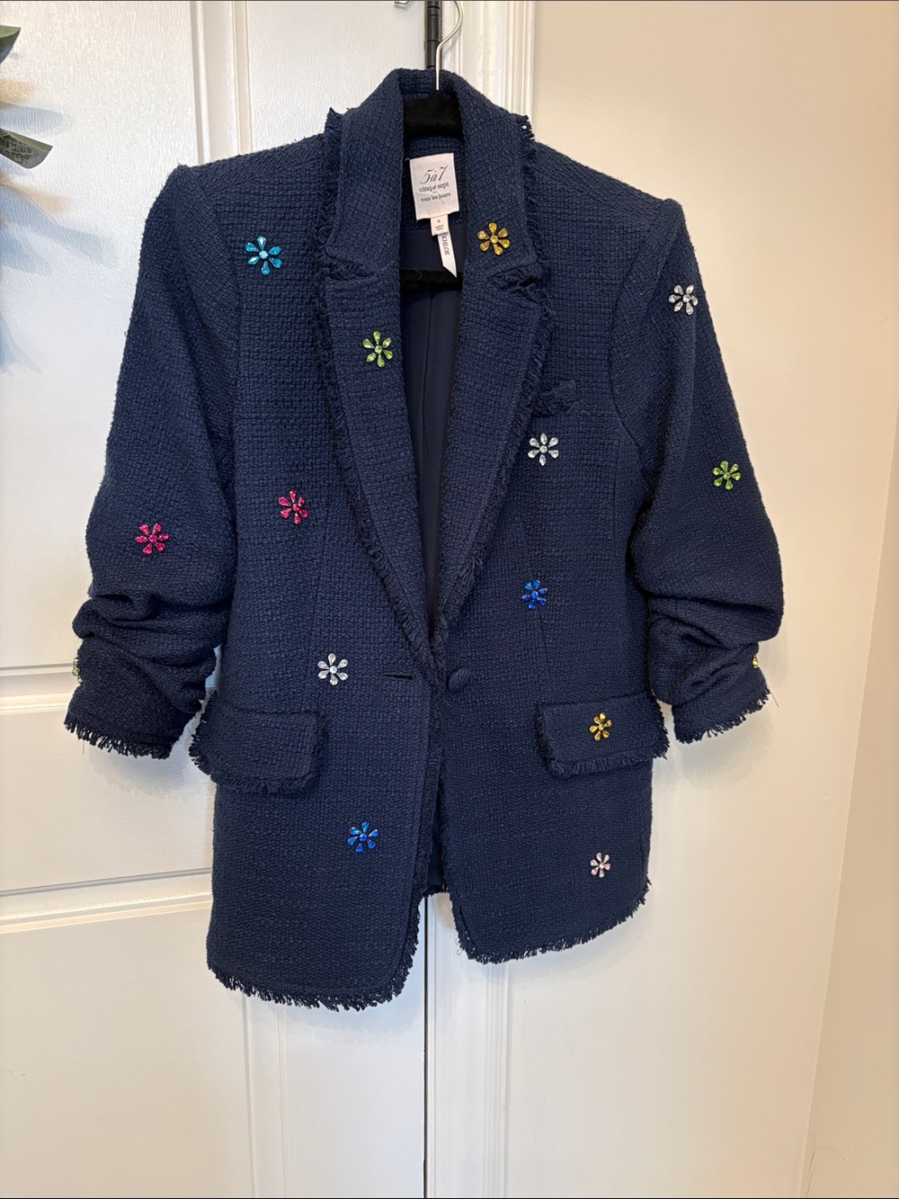cinq a sept Navy Tweed Blazer with Multicolored Jeweled Flowers